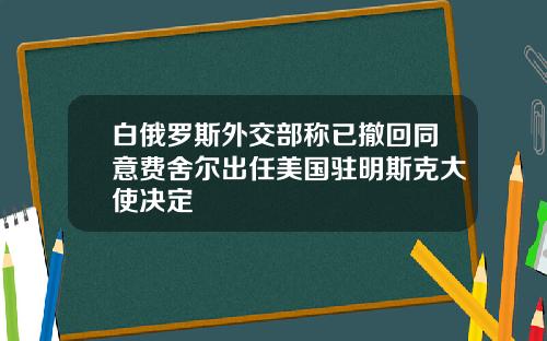 白俄罗斯外交部称已撤回同意费舍尔出任美国驻明斯克大使决定